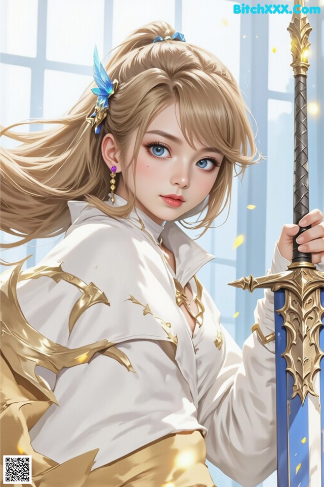 A girl in a white shirt holding a sword.