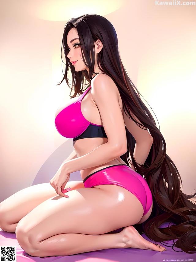 A woman in a pink bikini sitting on a bed.