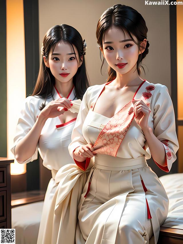 A couple of women sitting on top of a bed.