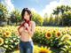 A woman standing in a field of sunflowers.