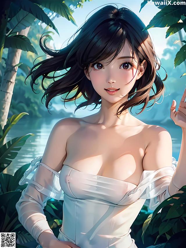 A woman in a white dress standing in front of a body of water.