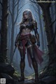 A woman in armor standing in a forest holding a sword.